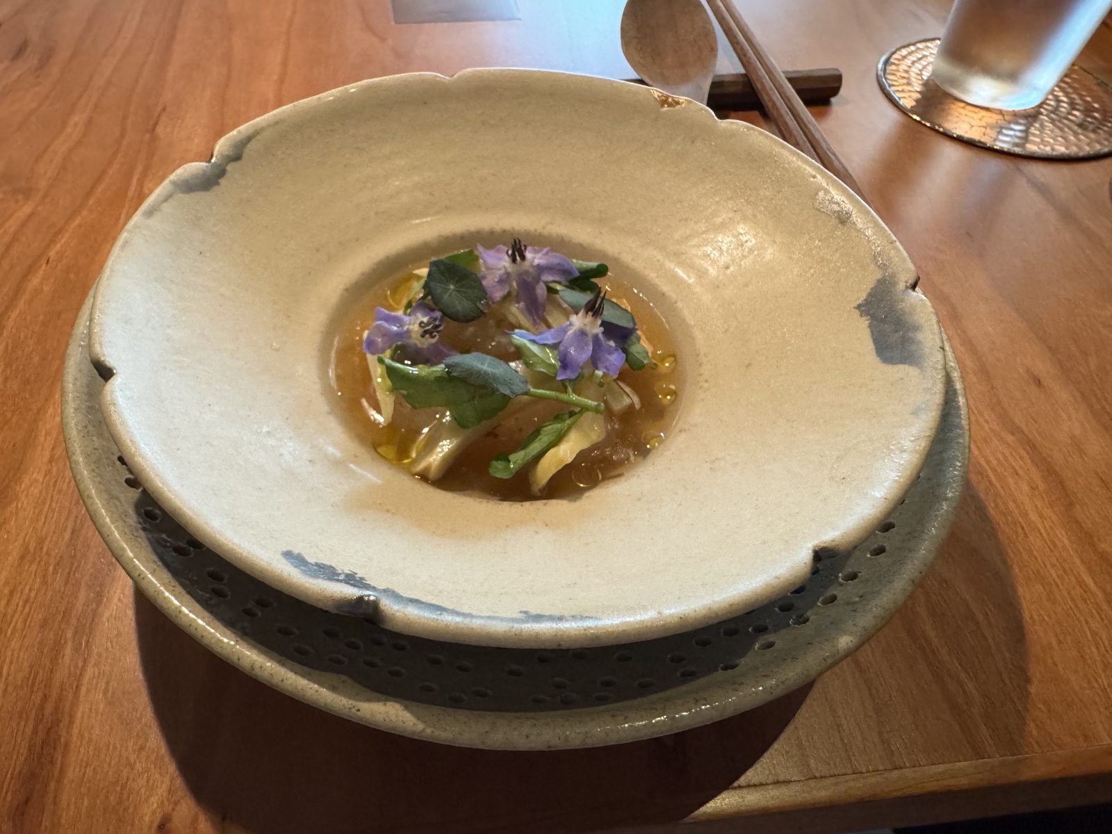 Zén, Singapore: Crudo: shima aji, artichoke barigoule, quince & nasturtium.