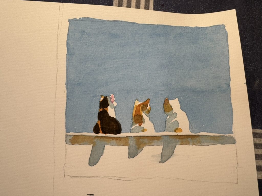 Watercolour: Three cats on a ledge.